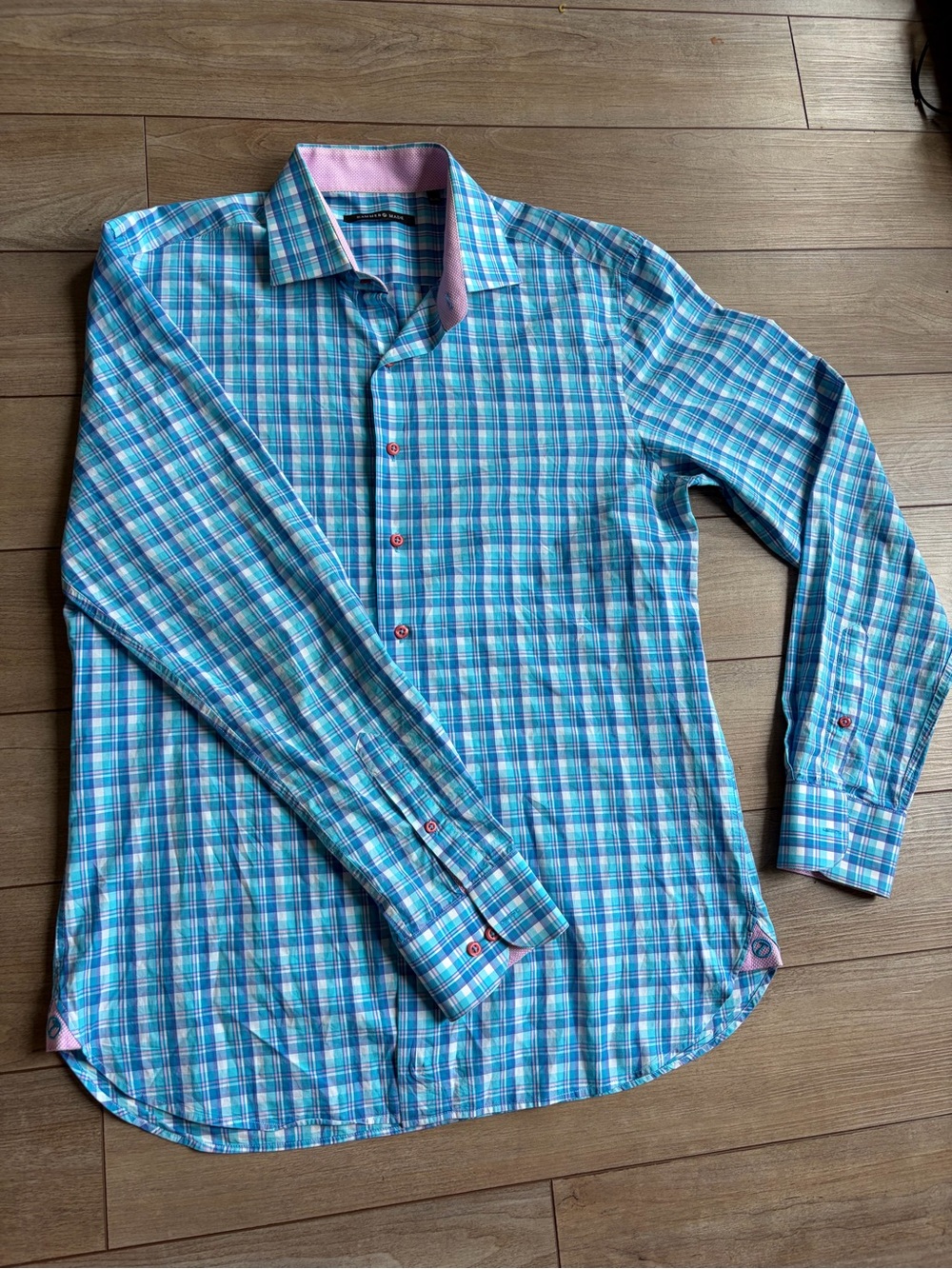 Hammer Made Men's Blue Plaid Casual Button-Down Shirt with Pink Trim 100% cotton